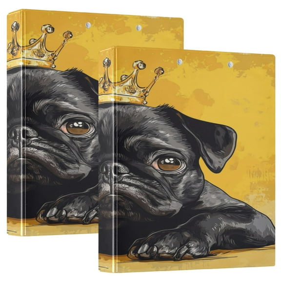WOBOGO Crown Black Pug Dog File Folders Extra Large Capacity to Hold 200 Sheets of Documents Hard Shell Ring Binder for School Home Office