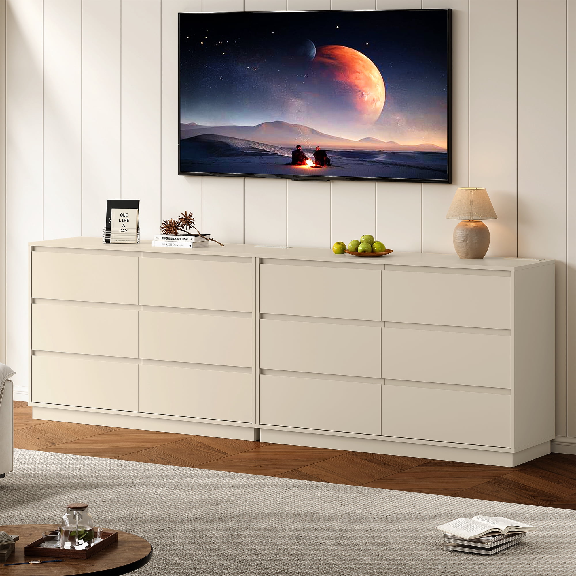 Heynemo Dresser with 6 Drawers for Bedroom, Chest of Drawer with Charging Station for Living Room, Beige