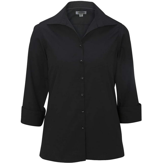 Edwards Ladies Lightweight Open Neck POPLIN Blouse with 3/4 sleeves in a solid black colour. The blouse features a button-down front, an open neck collar, and cuffed sleeves, offering a professional and versatile style suitable for work or casual wear.