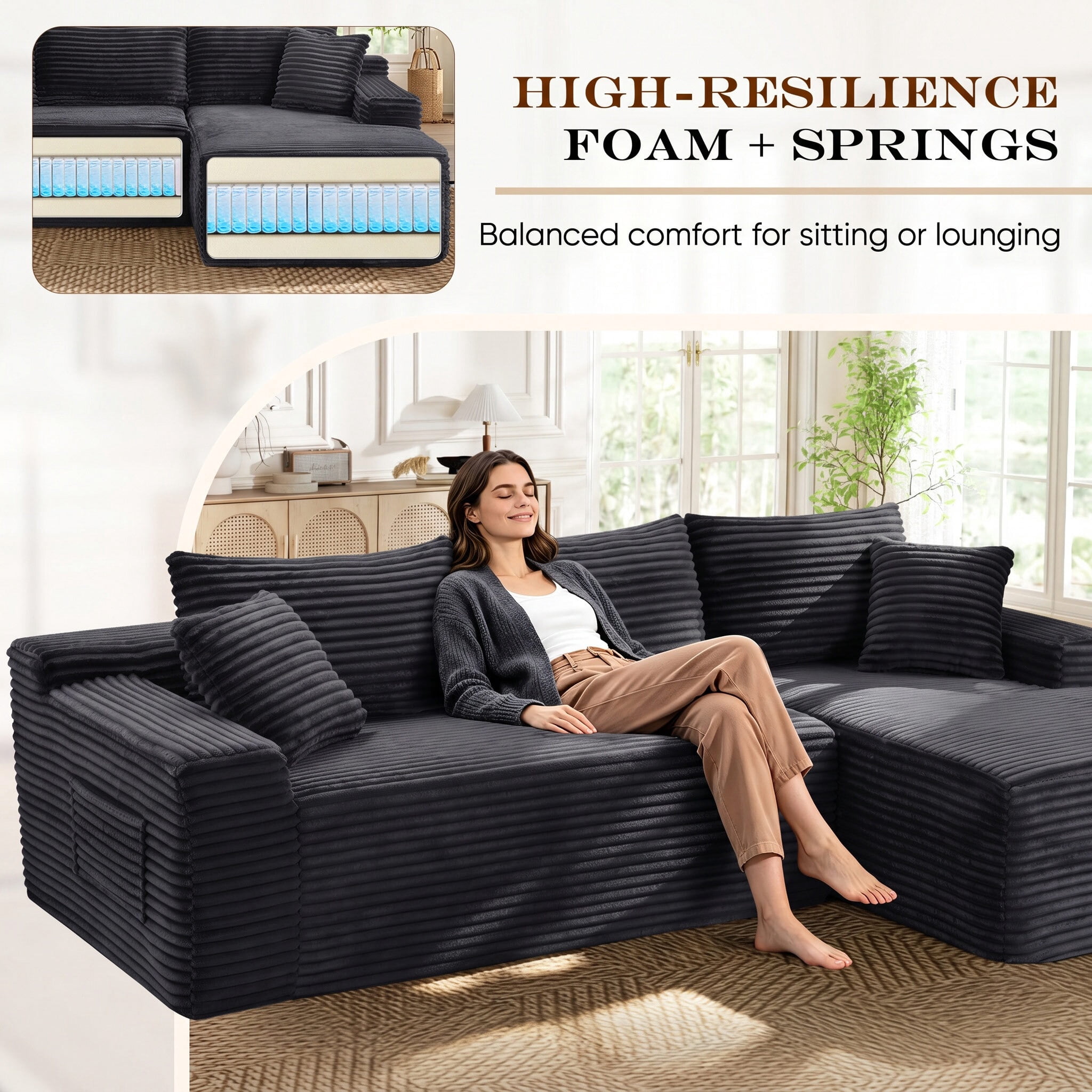 Lunale Small Modular Sectional Sofa with Movable Chaise, L-Shaped Boneless Cloud Couch for Living Room, Gray (Right Facing Chaise)