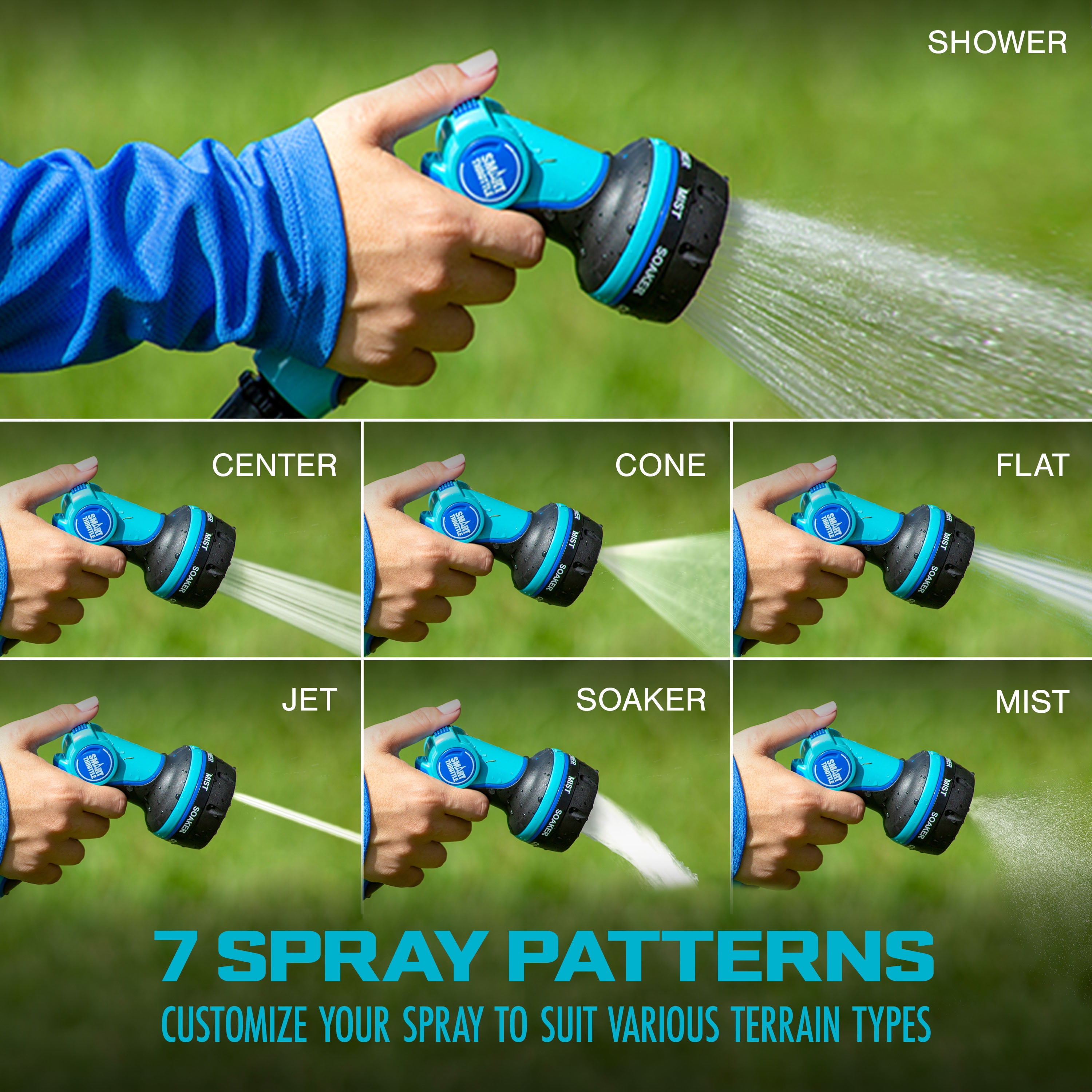 Aqua Joe Heavy-Duty Multi-Function Watering Nozzle, Smart Throttle, 7 Spray Patterns