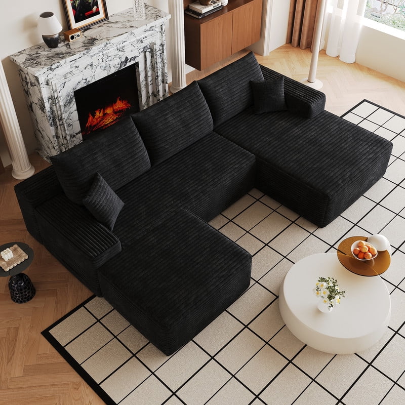 107" Cloud Sectional Sofa with Ottoman, Modern U-Shaped Modular Sofa, Deep Seat Upholstered Couch with Plush Corduroy Fabric, No Assembly Required, Comfort Corner Sofa for Living Room & Apartment