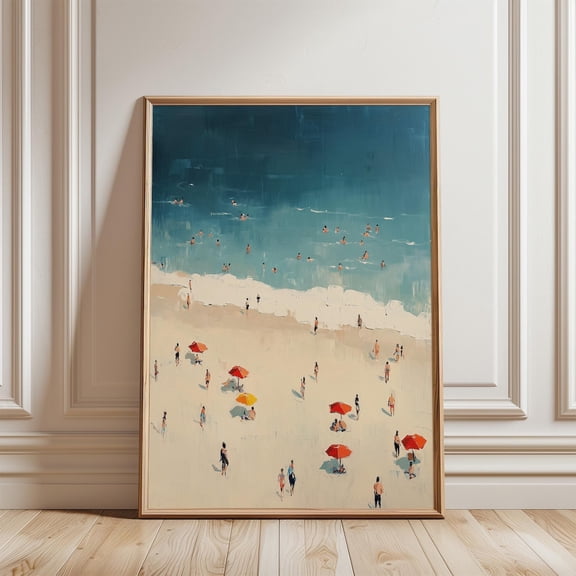 Beach Scene People Swimming Summer Coastal Home Wall Art Decor, Unframed Paper Poster 8x10in