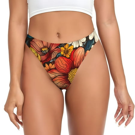 Qokaie Colorful Vintage Floral Pattern Printed Women s Cotton Thong Underwear  Sexy Breathable Panties G-string-Medium