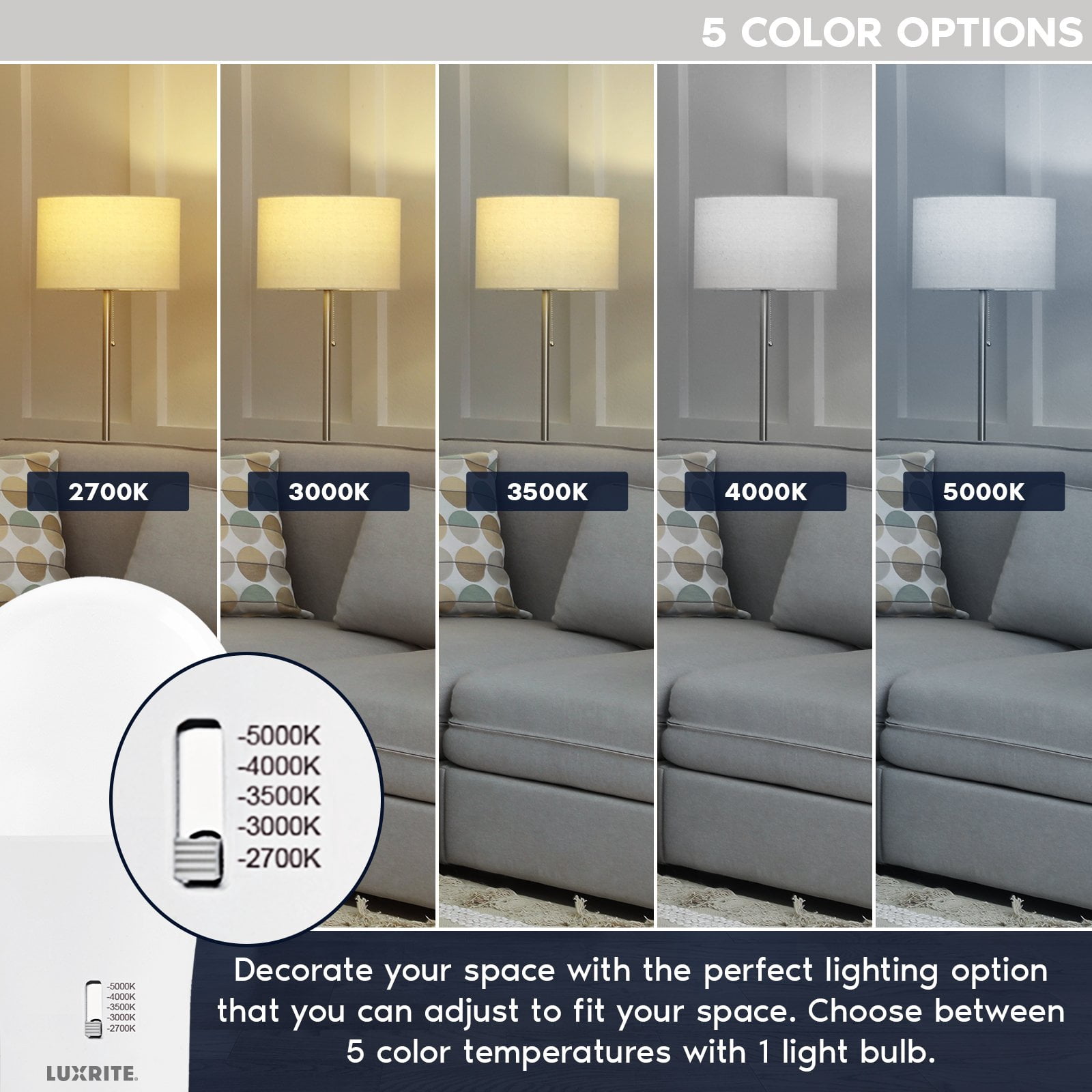 Luxrite A19 GU24 LED Bulb, 60 Watt Equivalent, 5CCT, Dimmable, 800 Lumens, 9W, Damp Rated, ETL Listed 4 Pack