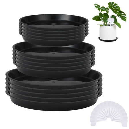 topjuju 15 Pcs Large Plant Saucers, 10/12/14 inches Plastic Plant Trays to Catch Water, Extra Large Plant Saucer with Labels, Heavy Duty Plant Drip Trays for Plant Pots Indoors Outdoors