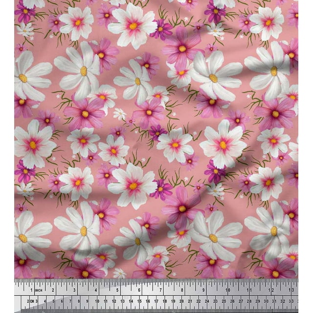 Soimoi Silk Fabric Cosmos Floral Print Fabric by Yard 42 Inch Wide
