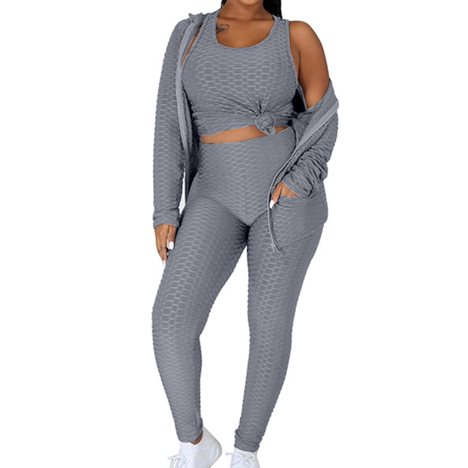 Xzngl Womens Sweater Jacket Womens Hooded Zipper Sweater Yoga Pants Knitted Sports Three Piece High Elasticity And High Waist Pants Jacket Vest Yoga S