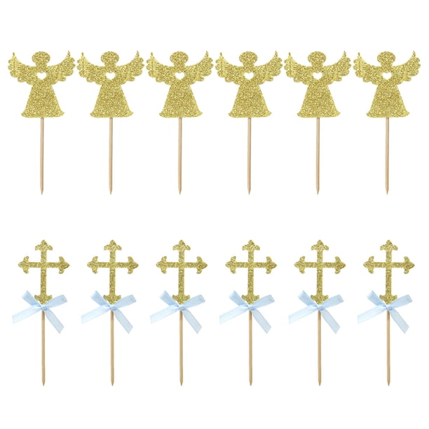 EeaseMX 24 piezas (2 paquetes) de adornos para tartas con forma de cruz y ángel, palillos brillantes para cupcakes, decoración para fiestas, bodas, cumpleaños, festivales (lazo azul)
