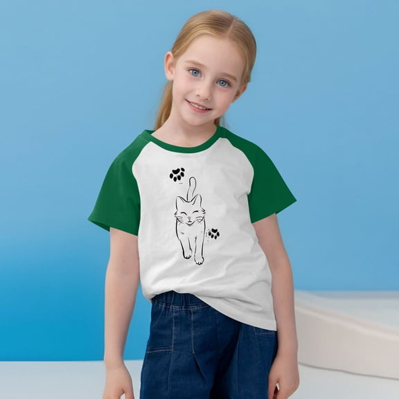 SGFCWSX Girls Short Sleeve Raglan T-Shirt, Kids Graphic Tees Regular Fit Crew Neck Summer Tops Green Size 4-5 Years