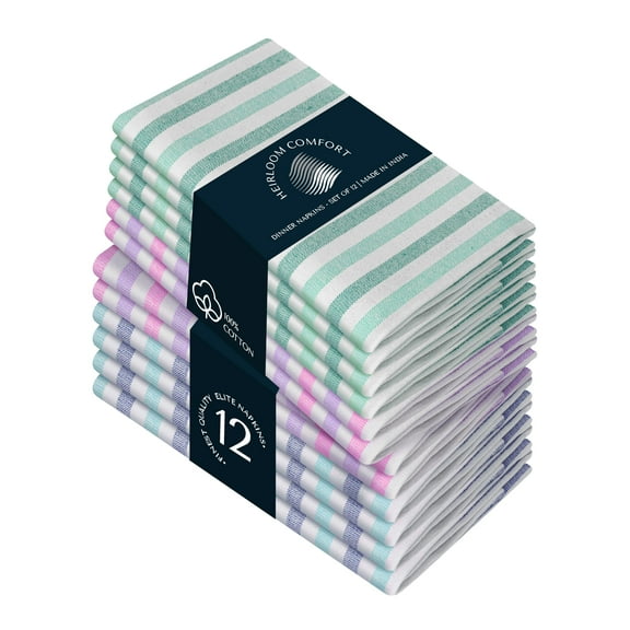 HEIRLOOM COMFORT Fiesta Striped Cloth Napkins Set of 12, 18x18 Inch, 100% Cotton, Reusable & Washable, Durable, Absorbent Napkin for Dinner, Party, Wedding - Green, Pink, Lavender, Blue