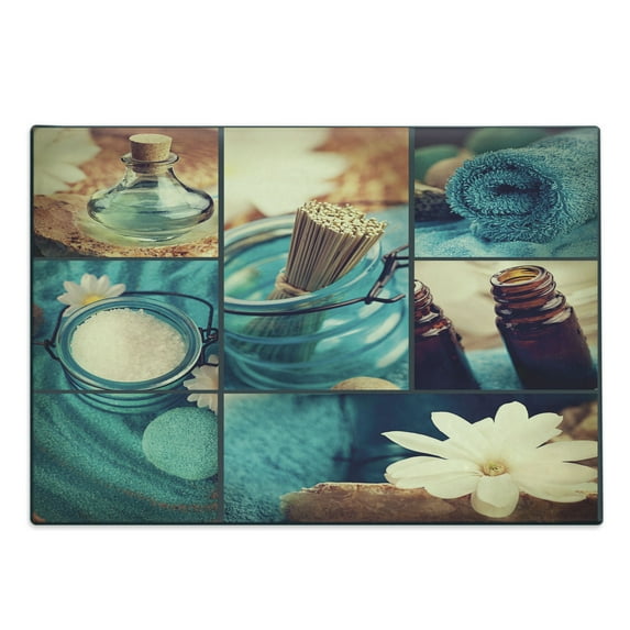 Spa Cutting Board, Blue Themed White Daisies Scents Towels and Incense Art Collage Design, Decorative Tempered Glass Cutting and Serving Board, Large Size, Blue Brown and White, by Ambesonne