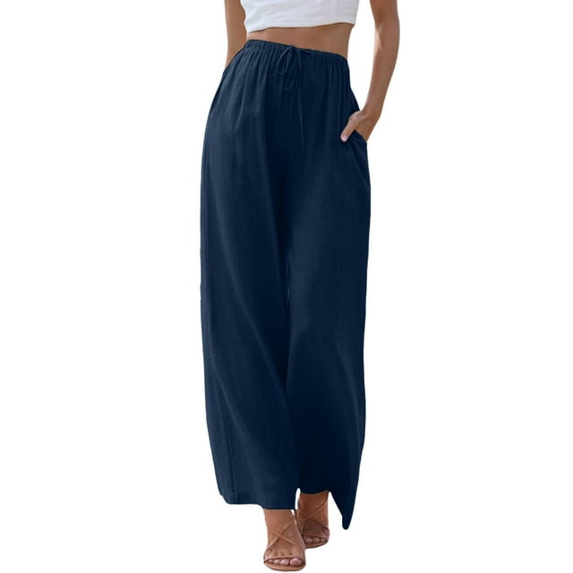 Women's High Waisted Wide Leg Pants - Fashionable Drawstring Elastic Trousers, Comfortable Straight Leg with Pockets, Polyester, All - Season, Multiple Sizes
