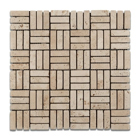 Ivory Travertine Tumbled Triple Strip Medici Mosaic Tile