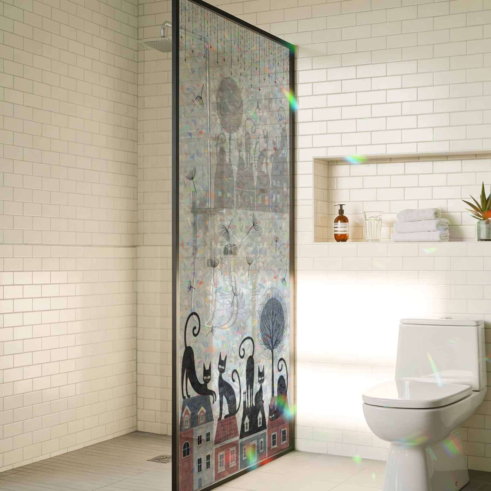 Rainbow Window Privacy Film, Black Cat Static Cling Decorative Window Film PVC, Cartoon Modern Art No Glue UV Blocking Glass Covering, Removable Stained Glass Sticker 23.6''x59''