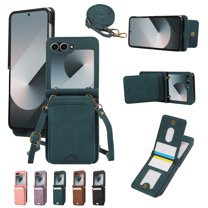 for Samsung Galaxy Z Flip 5 Wallet Case with Shoulder Lanyard Strap, Crossbody Phone Case with Card Holder Slots for Women Girls, Luxury PU Leather Flip Stand Purse Cover Shockproof Case, Green