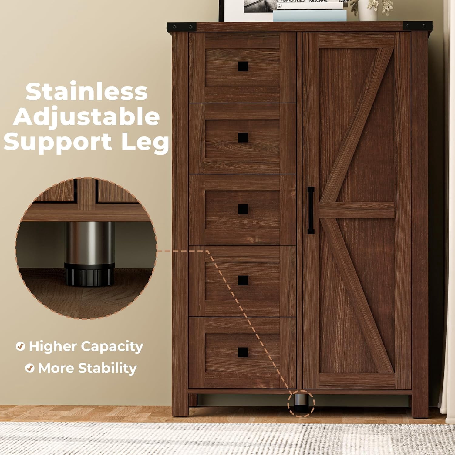 VVFLU Farmhouse 5 Drawer Dresser Storage Cabinet Chest of Drawer for Bedroom, 48" Tall Brown Wood