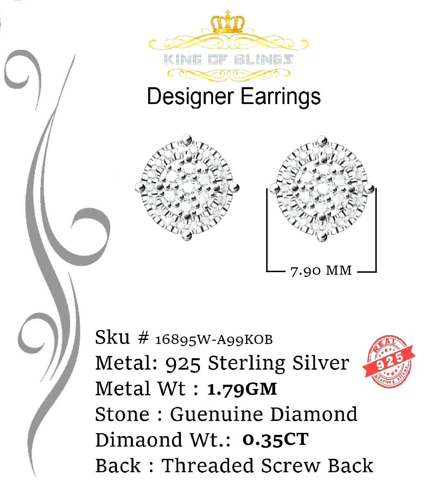 King of Bling's 925 Sterling Silver 0.35ct Diamond For Women's/ Men's White Stud Round Earrings