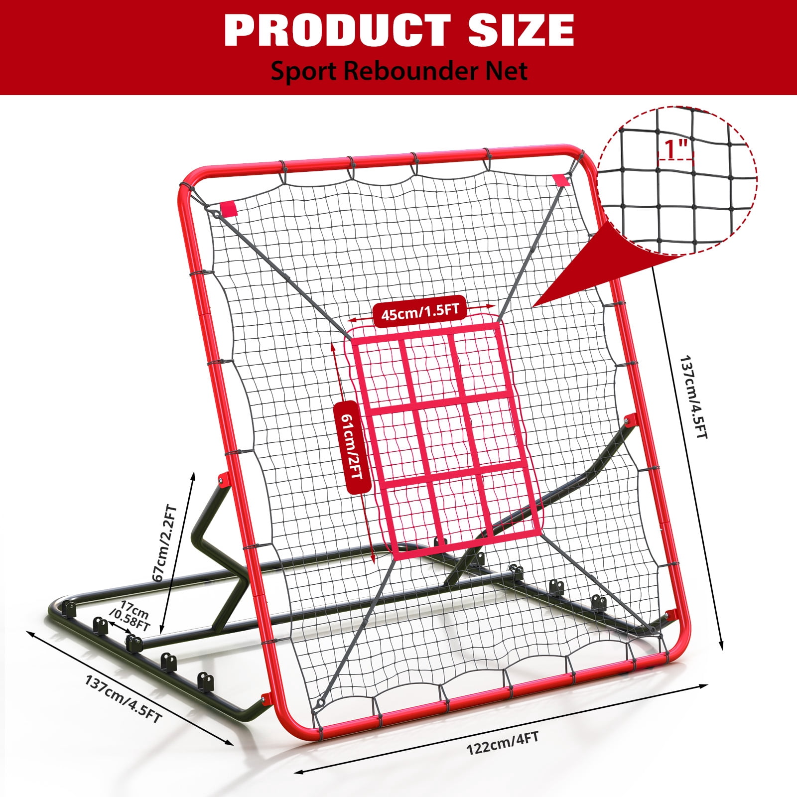 Baseball Rebounder Net, 4x4.5FT 5 Adjustable Angles Baseball Bounce Back Net with UV Resistant, Pitchback Trainer for Ground, Line Drive & Fly Balls
