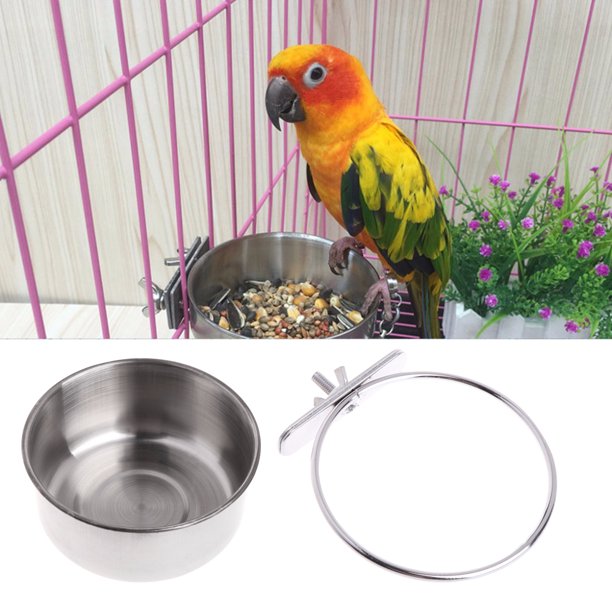 Parrot Feeding Cups Birds Food Dish Stainless Steel Feeders Water Cage Bowls with Clamp Holder