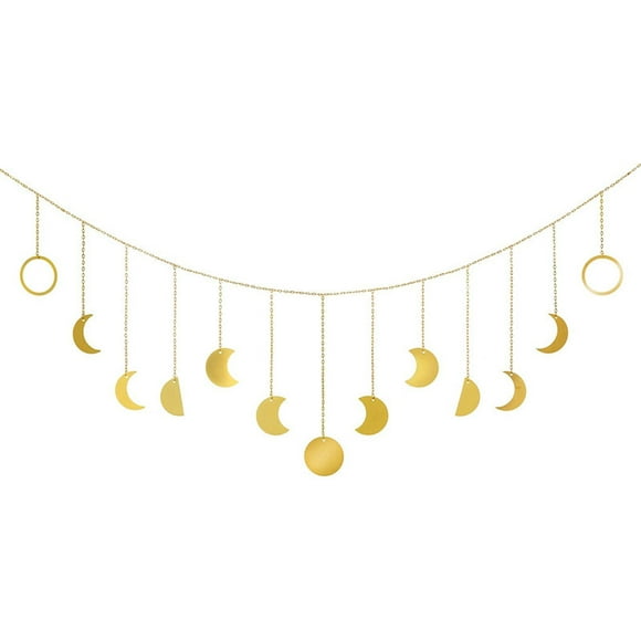NETSENG Moon Phase Wall Hanging, Handmade Hammered Gold Metal 13 Moons 55" Garland Boho Decor, Phases of the Moon