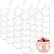 100 Pcs 2 oz Mini Dessert Cups with Spoons, Sphere Plastic Fish Cup Disposable Round Plastic Bowl Small Clear Parfait Bowl for Wedding Event Birthday Party Mousse Pudding Appetizer Serving
