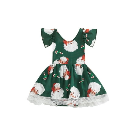 

jaweiwi Baby Girls Christmas Romper Dress Short Sleeve Round Neck Santa Print One-piece Bodysuit Size 0 6 12 18 24 M