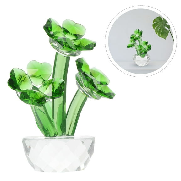 KALLORY Lucky Decor Clover Ornament Green White Crystal 1Pcs for Desktop