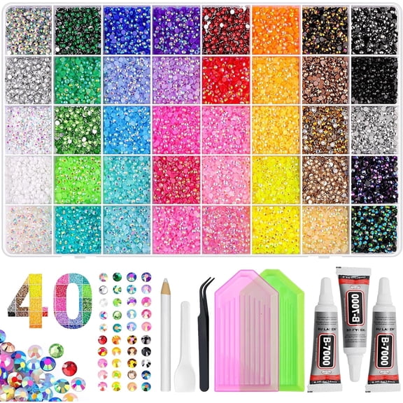 40,000 Pcs Rhinestones for Bedazzling Kit 3mm Flatback Resin Jelly Gems (40 Colors), Nail Glue & Rhinestone Picker Tool Set for Tumblers, Crafts, Clothes & DIY Nail Art