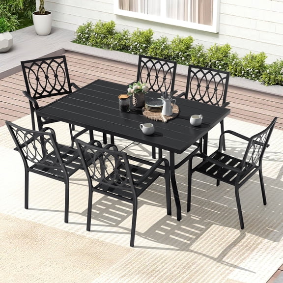Nuu Garden 7-Piece Metal Patio Dining Table Set with Umbrella Hole, Outdoor Table and Chairs Set for 6, 61'' x 37'' Rectangle Metal Dining Table with 6 Stackable Patio Chairs for Garden Deck Backyard
