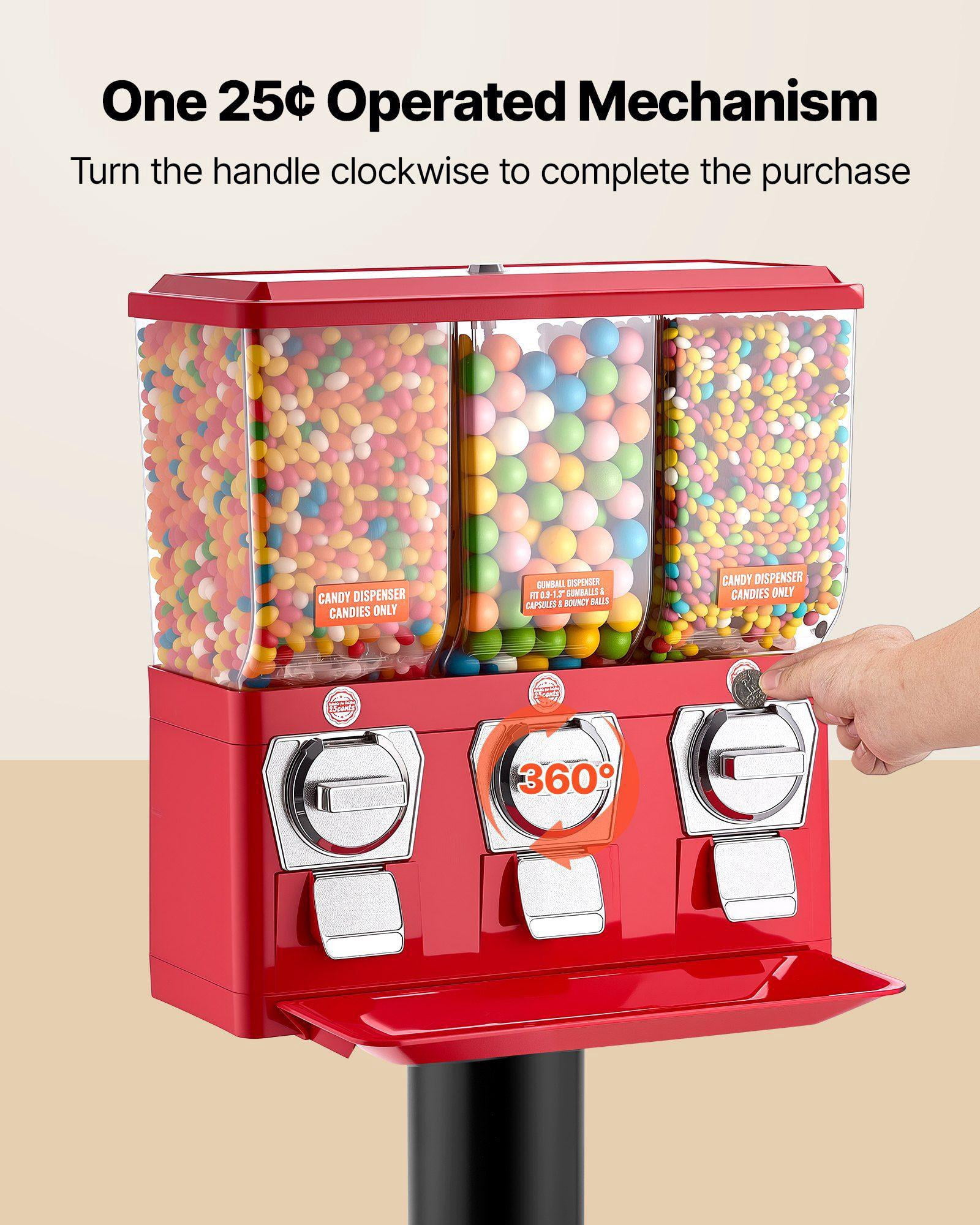 Triple Compartment Vintage Candy Gumball Vending Machine with Stand Detachable Cash Box for Shops Arcades