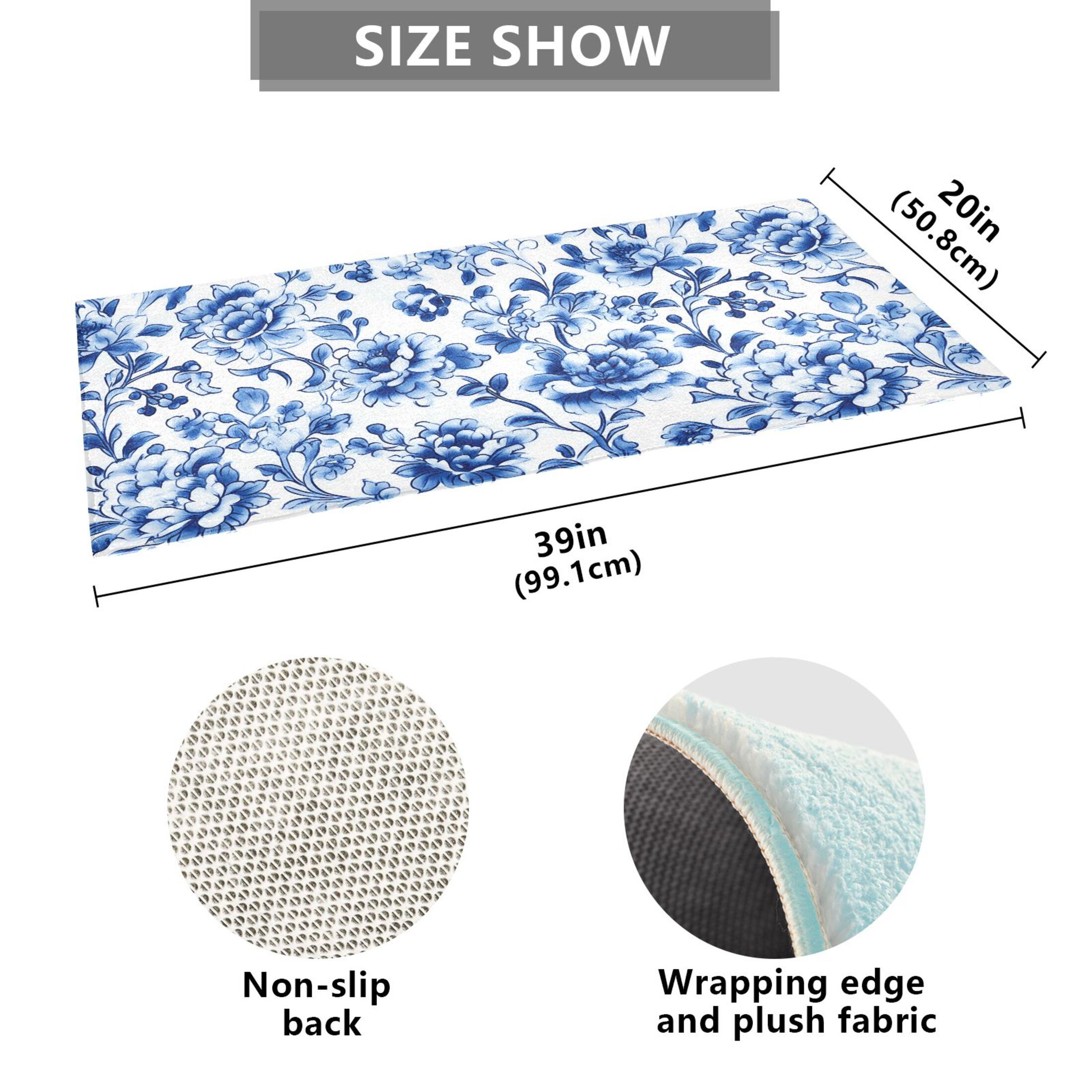 Blue and White Porcelain Floral Bath Mat 39x20 Non-Slip Bathroom Rugs Absorbent Soft Plush Quick Dry for Tub Shower Kitchen Home Decor