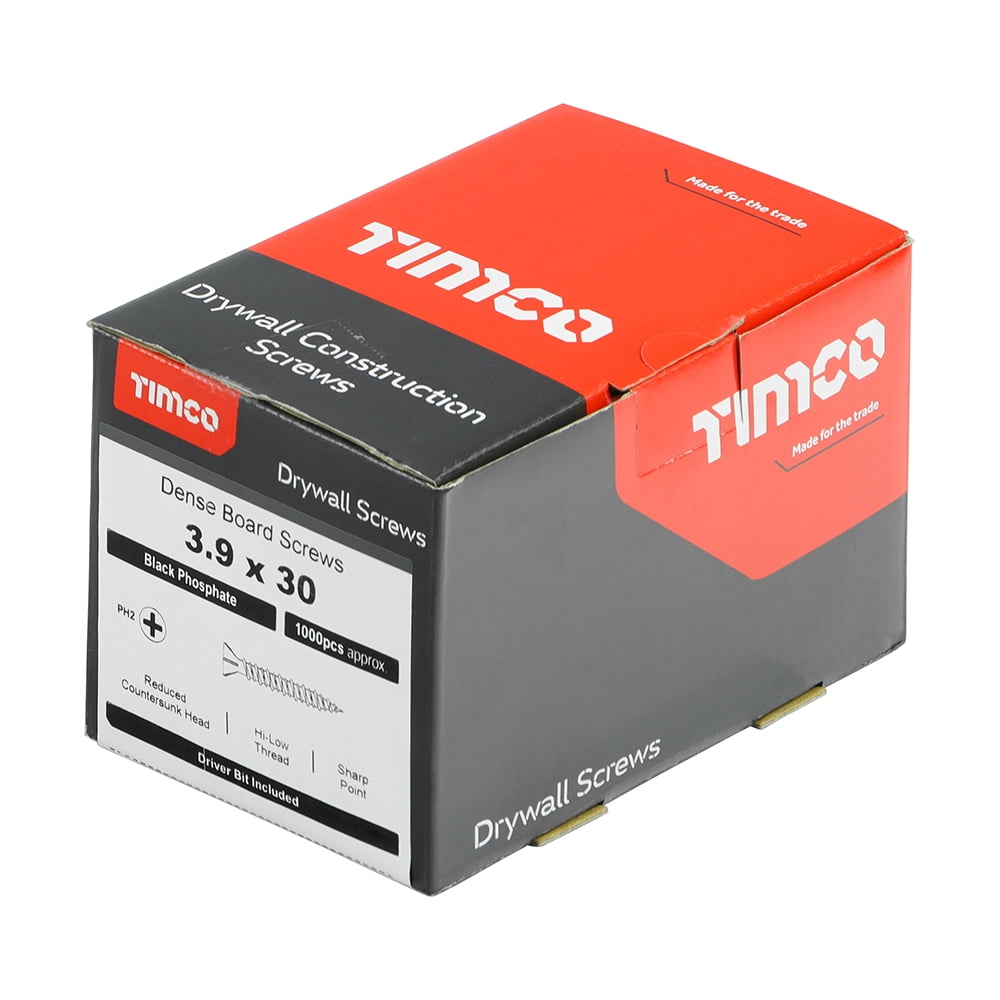Timco - Drywall Dense Board Screws - PH - Reduced Countersunk - High-Low Thread - Black (Size 3.9 x 30 - 1000 Pieces)