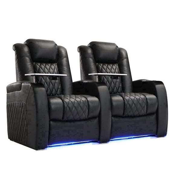 Weilianda Luxury Home Theater Seating Electricity Recliner Power Headrest Recliner Top Grain Leather Movie Chair Gaming Sofa with Tray Table USB Charging Cup Holders,Row of 2 BLack