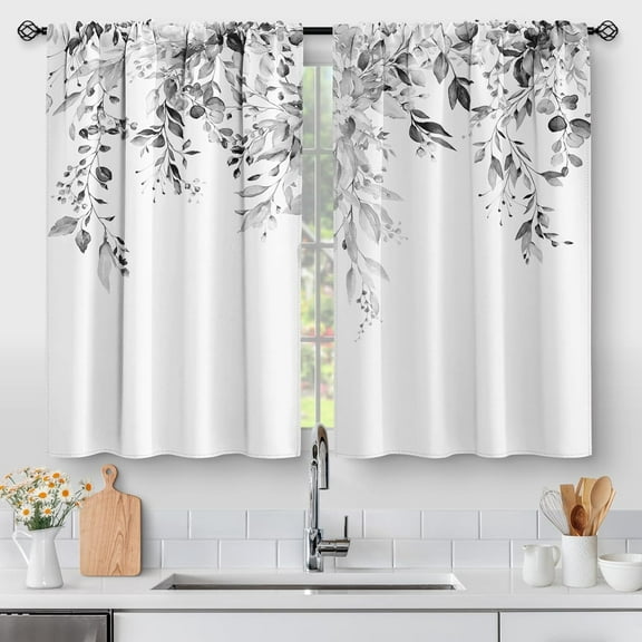 Floral Eucalyptus Kitchen Curtains - Grey Spring Watercolor Plant Leaves Botanical Tier Cafe Curtains for Bathroom Living RV Country Rod Pocket Window Drapes 36 Inch 2 Panels Set 28"x36"