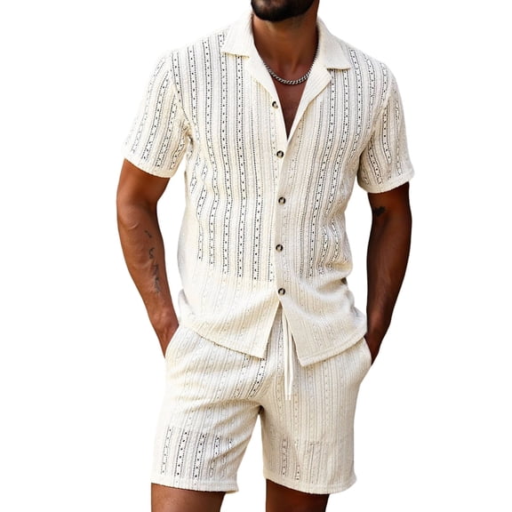 Mrmaere Men's Collared Button Down Shirt and Shorts Set Short Sleeve 2 Piece Striped for Casual Street Beige L