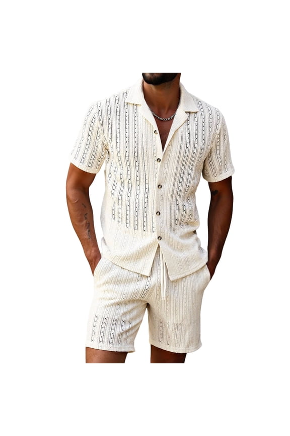 Men Outfits Sets 2 Piece Beach Sets Crochet Collared Button Shirts and Drawstring Shorts Vacation Lounge Sets Beige 2XL