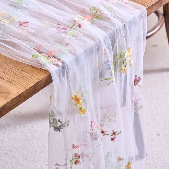 Spring Summer Florals Seasonal Tulle Table Runner Easter Decor Cheesecloth ,Lace Embroidery Table Runner for Home Party Indoor Decoration