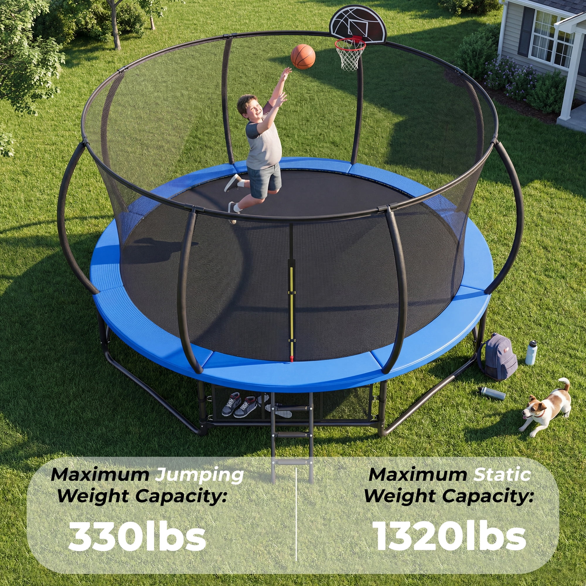 Mersco 14ft Trampoline for Kids and Adults, Pumpkin Outdoor Trampoline with Basketball Hoop,Enclosure Net and Storage Bag, Jumping Trampoline SPACE for Boys and Girls Birthday Gift,Blue
