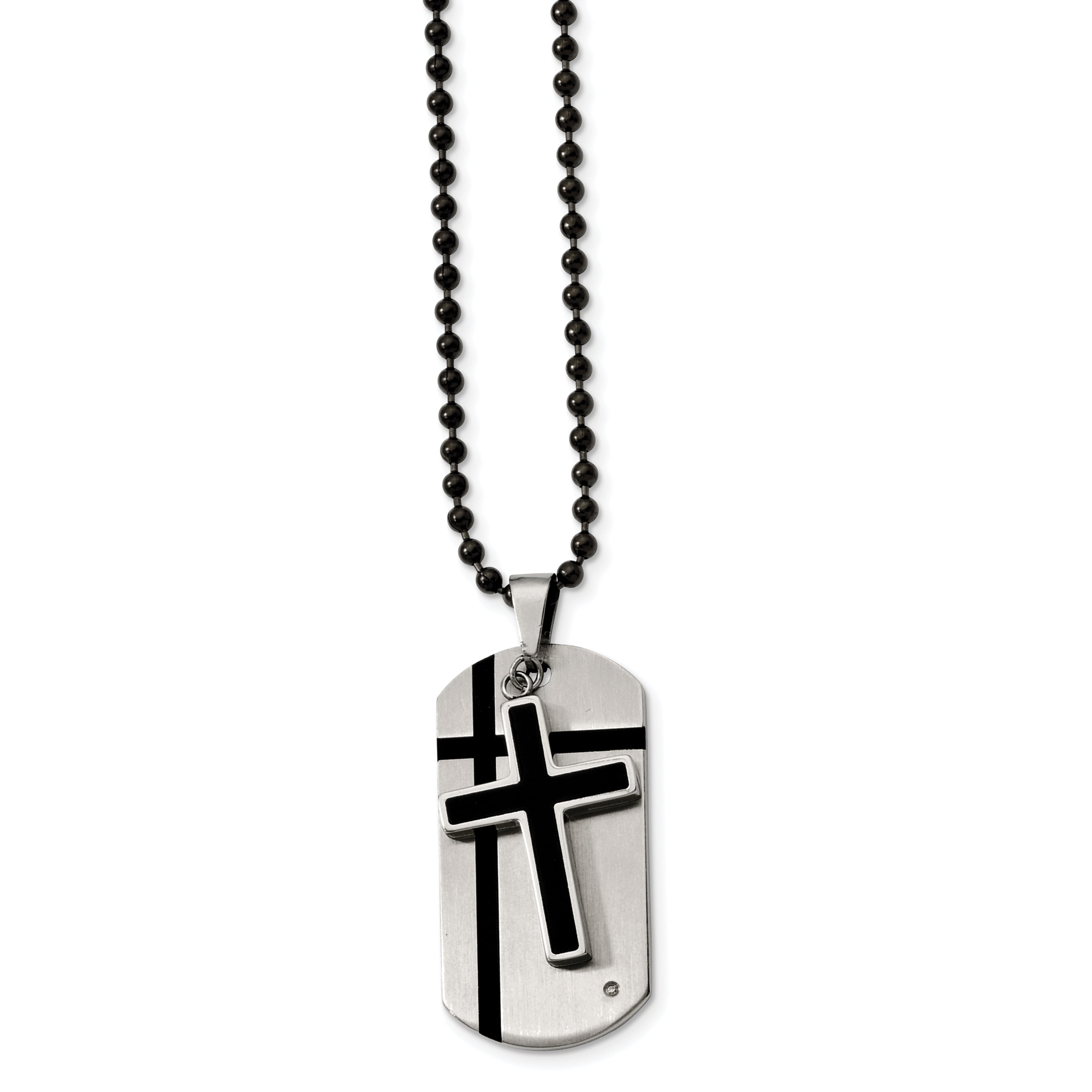 Stainless Steel 24in Black Enamel Cross & Dog Tag w/CZ Necklace