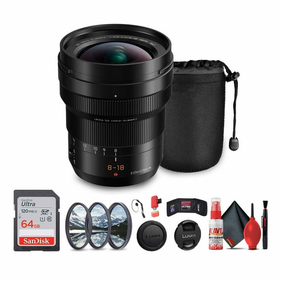 Panasonic Leica DG Vario-Elmarit 8-18mm f/2.8-4 ASPH. Lens (H-E08018) Bundle Including: 3-Piece Filter Kit, Lens Caps, Lens Pouch, Cap Keeper, Full Cleaning Kit