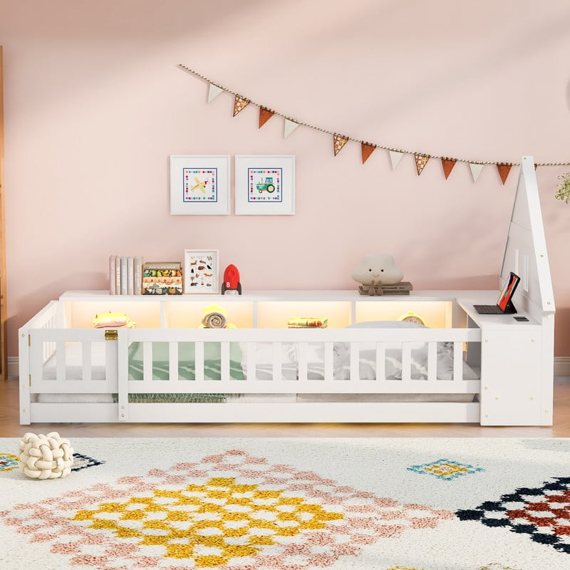 Twin Size Wood Floor Bed with Guardrail & Small Door, House-Shaped Bookcase Headboard Kids Platform Storage Bed with LED & Outlet
