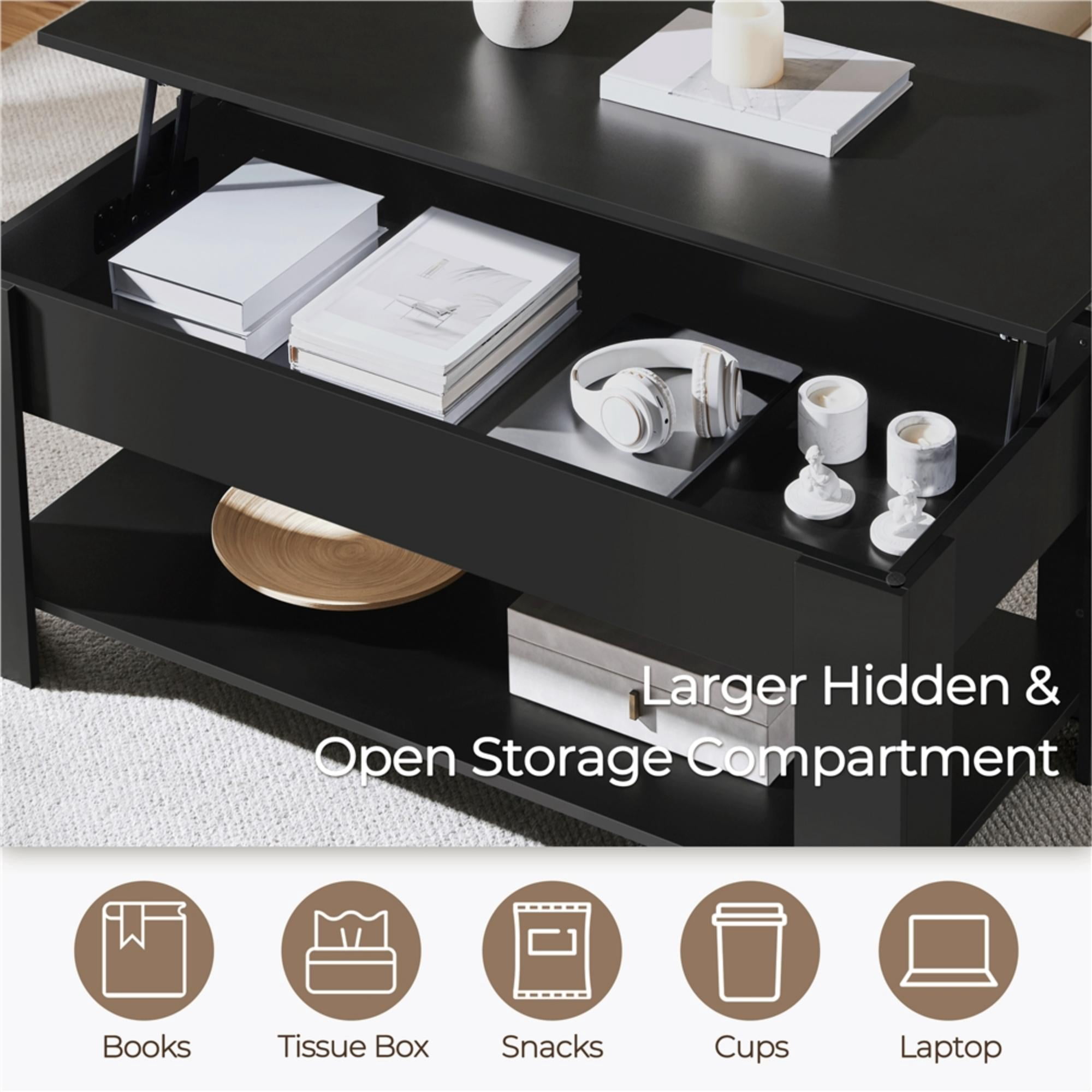 Alden Design Modern 47.5" Wood Lift Top Coffee Table with Lower Shelf for Livingroom, Black