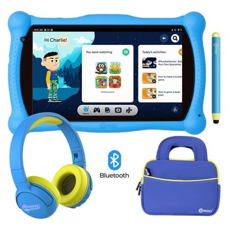 Contixo 7 inch Kids Learning Tablet, Bluetooth Kids Wireless Headphone and Tablet Bag bundle with Teacher approved apps and parent control Blue set