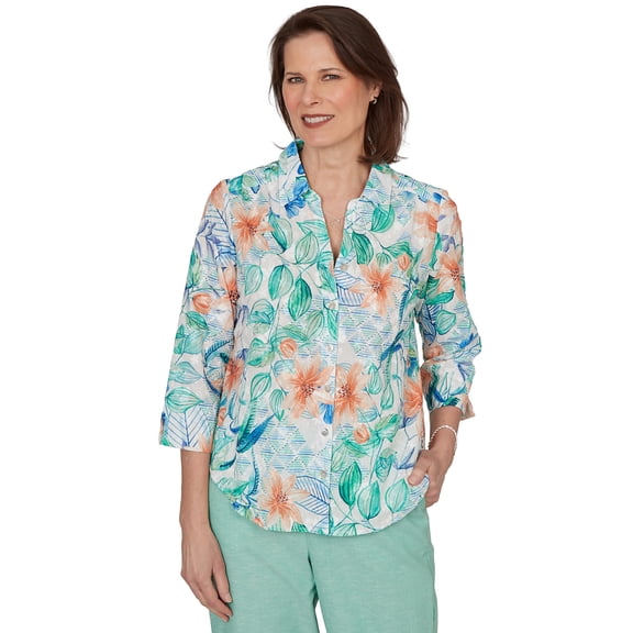 Alfred Dunner Womens Tropical Flower Eyelet Tie Sleeve Top