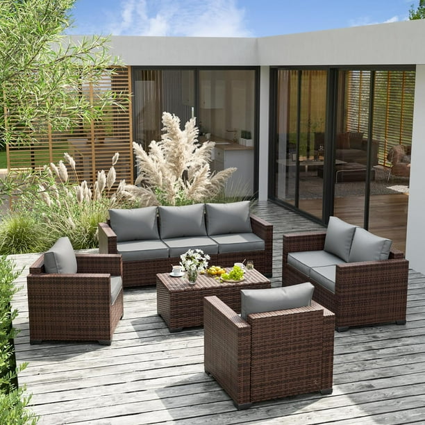 ELPOSUN Outdoor Patio Furniture Sets 8 Pieces Outdoor Wicker Patio Furniture Outdoor Sectional Patio Set with Storage Table Patio Conversation Set