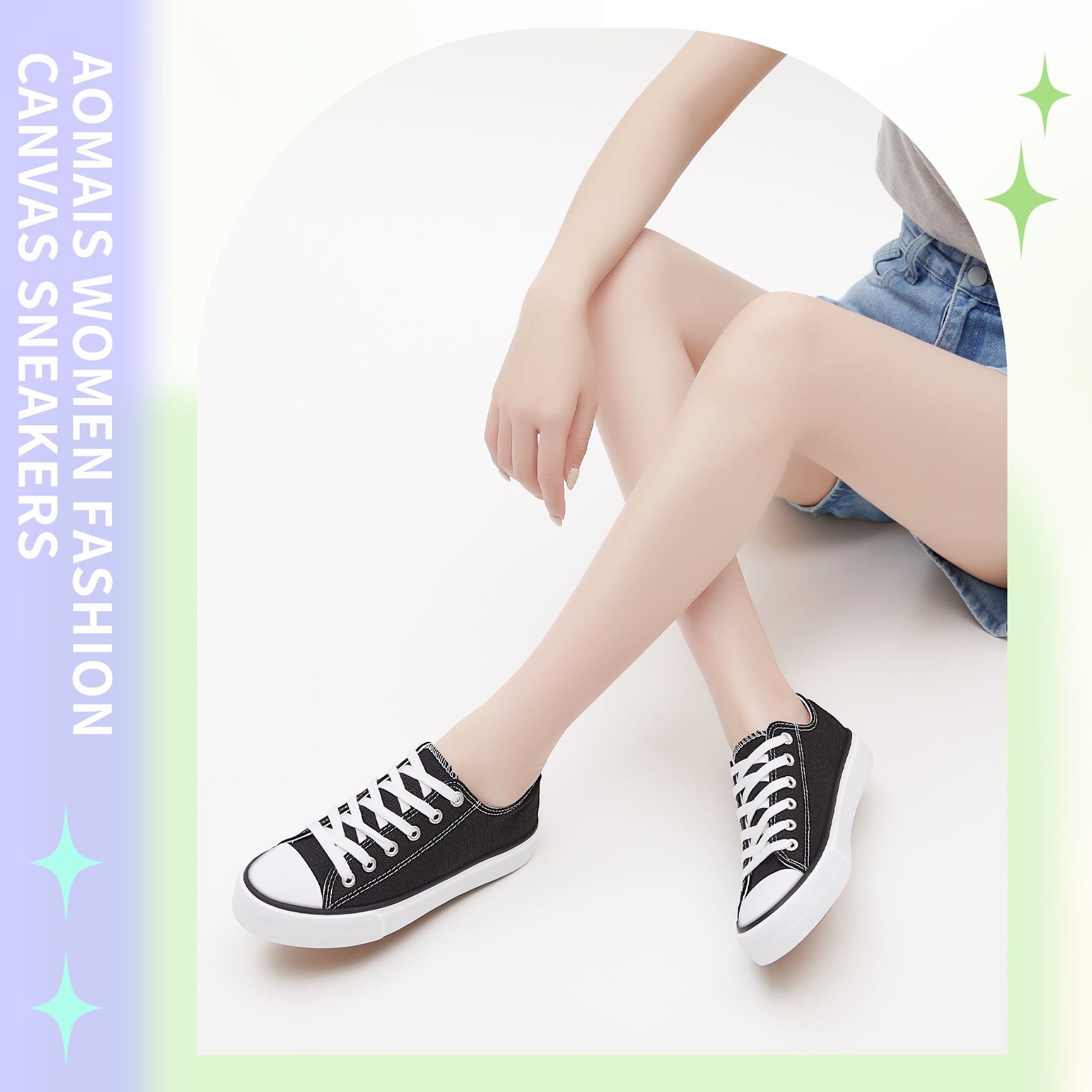 AOMAIS Womens Canvas Fashion Sneakers Classic Low Top Fabric Shoes Casual Walking Canvas Flats Cute Lace Up Tennis Shoes for Lady(Black US5)
