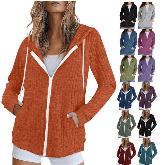 yoeyez Zip Up Hoodie Women Knit Striped Long Sleeve Sweatshirts Cardigan Oversized lightweight Hooded Jackets Workout Clothes Fall Outfit Black,S