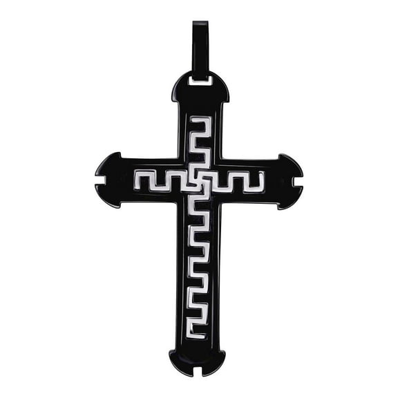 Stainless Steel Black-tone Mens Greek Key Cross Religious Charm Pendant Necklace for Men
