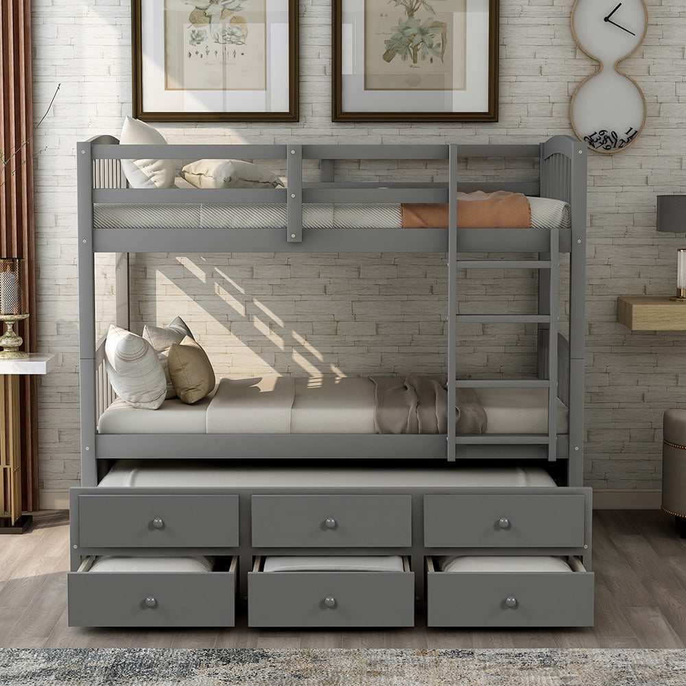 Twin Bunk Bed with Ladder, Trundle Bed with 3 Drawers for Kids, Gray